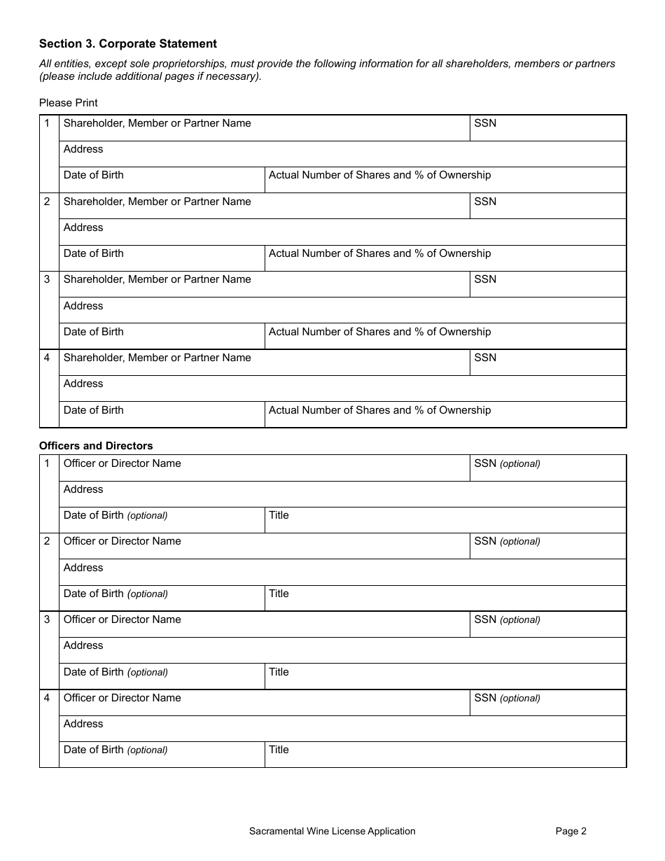 Form SACWINE Retail Sacramental Wine License Application - Montana, Page 2