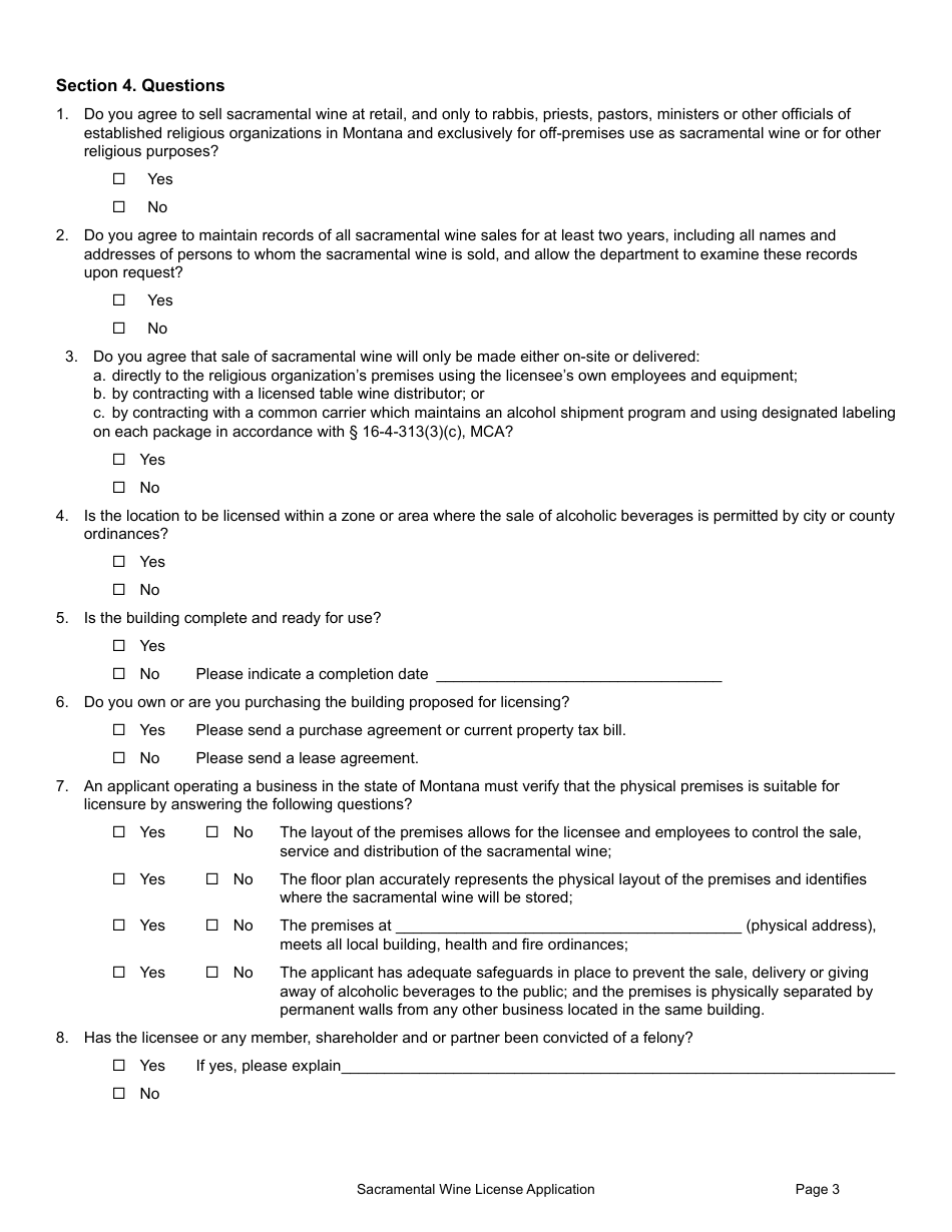 Form SACWINE Retail Sacramental Wine License Application - Montana, Page 3