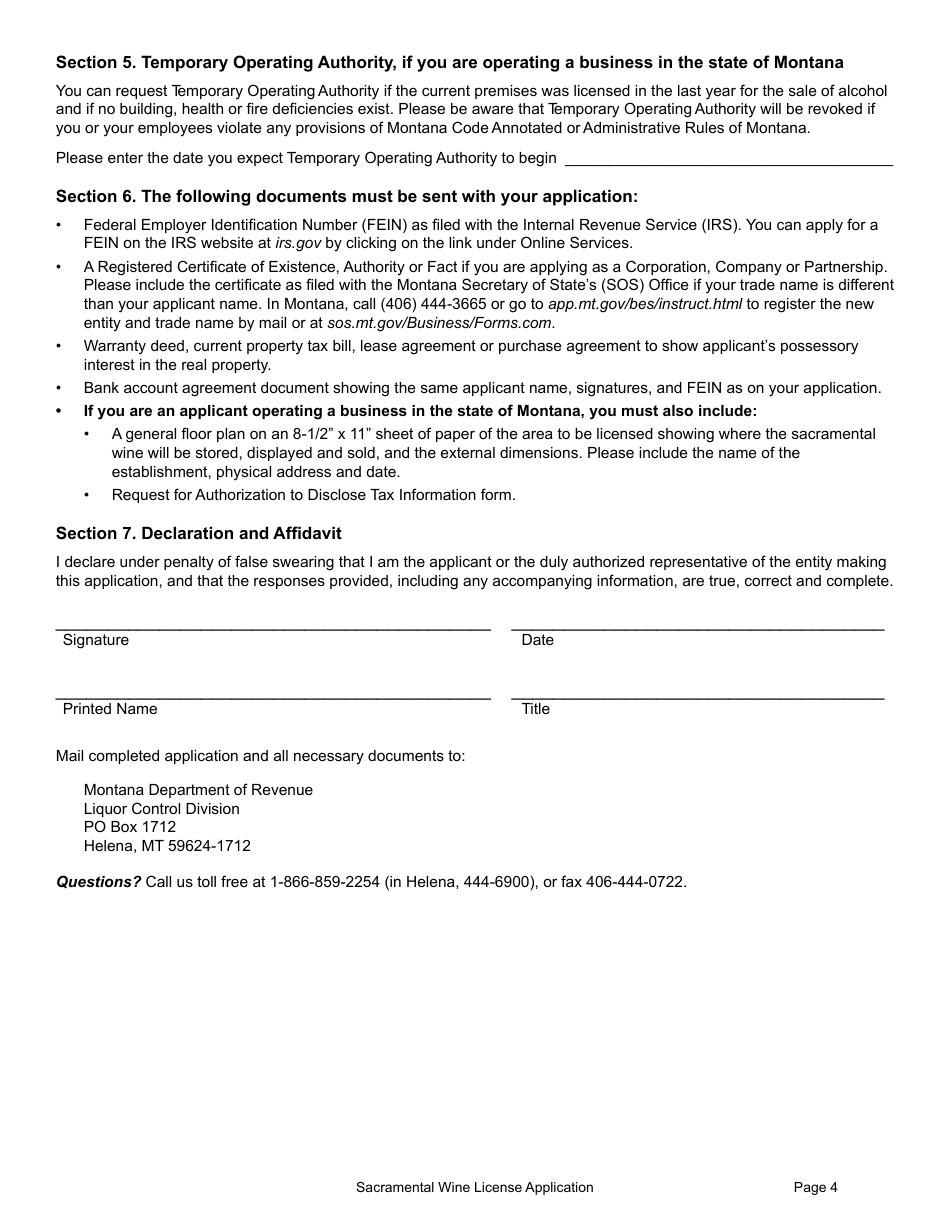 Form SACWINE Retail Sacramental Wine License Application - Montana, Page 4
