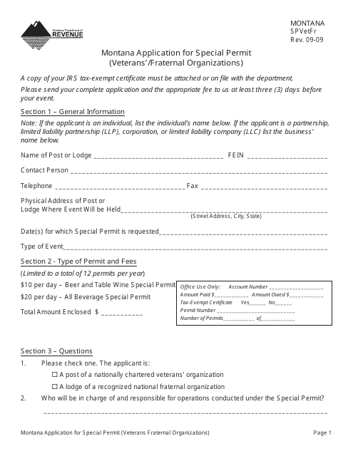 Form SPVETFR Montana Application for Special Permit (Veterans'/Fraternal Organizations) - Montana