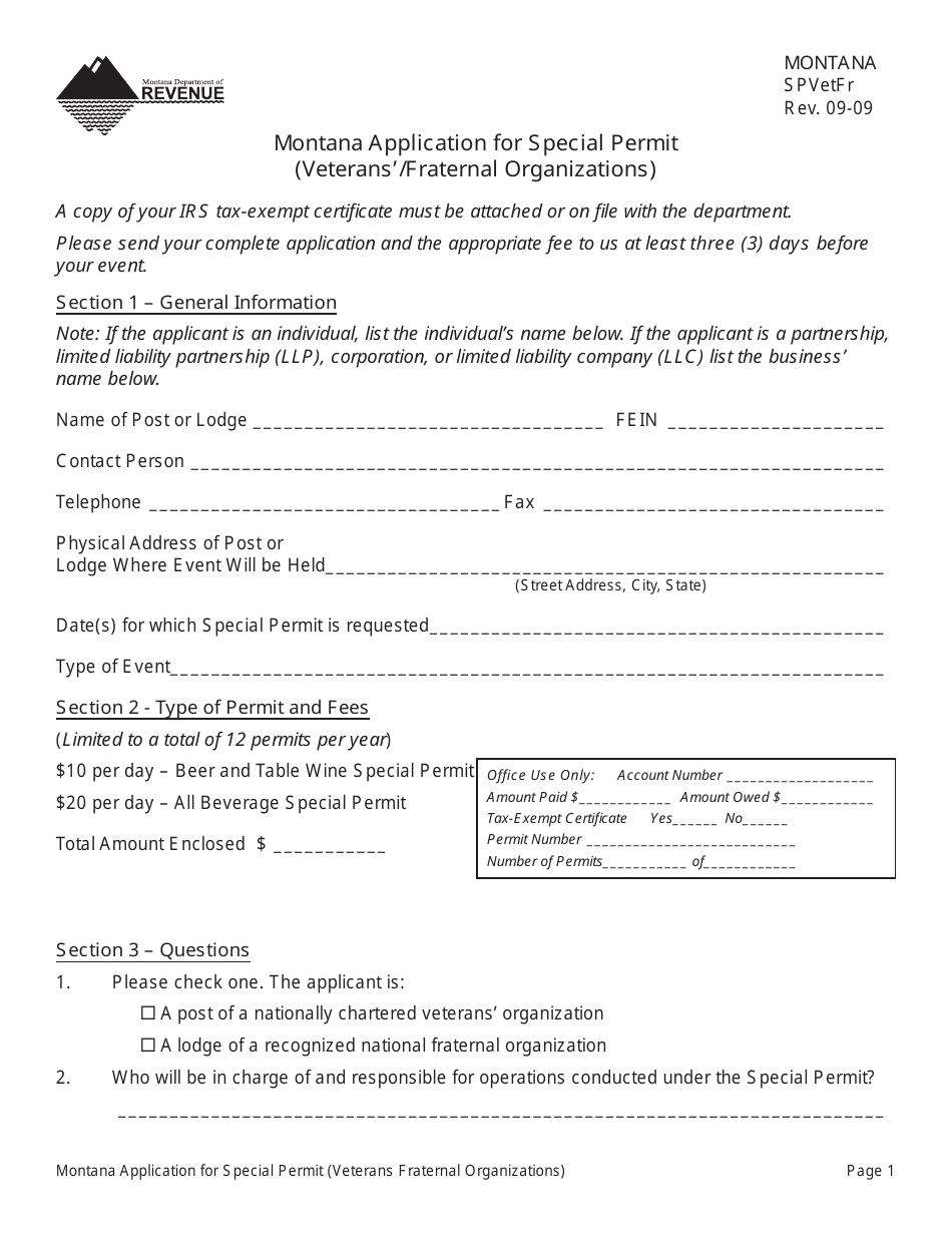 Form SPVETFR Montana Application for Special Permit (Veterans / Fraternal Organizations) - Montana, Page 1