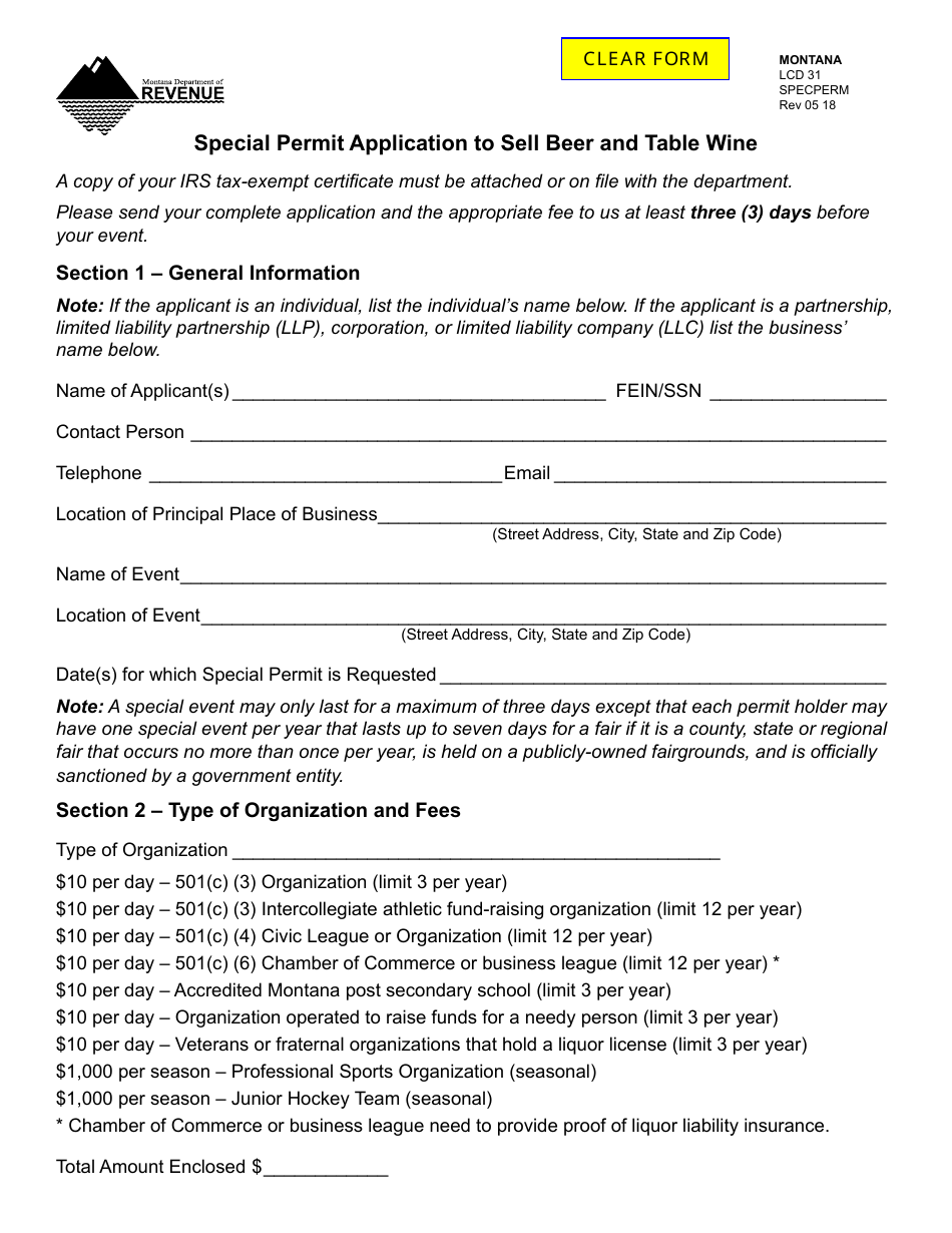 Form SPECPERM Special Permit Application to Sell Beer and Table Wine - Montana, Page 1
