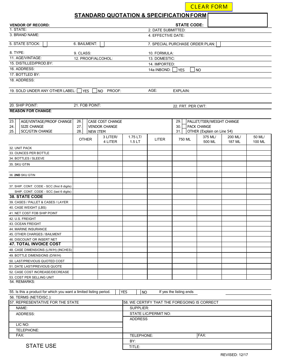 Standard Quotation  Specification Form - Montana, Page 1