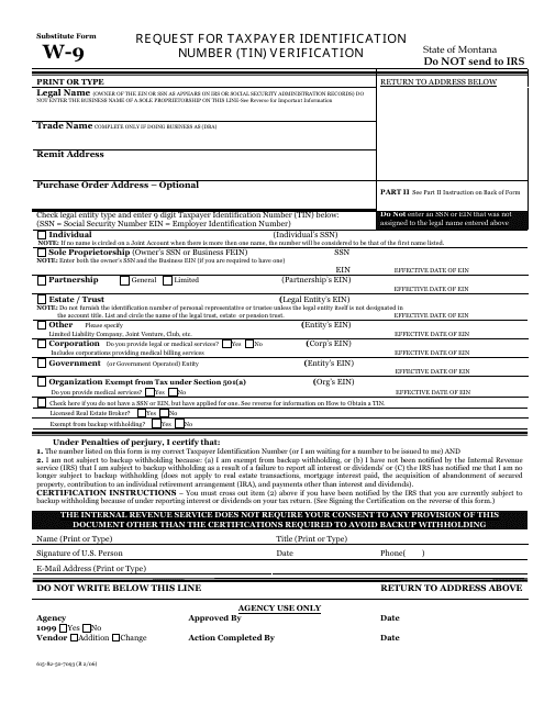 Form 615-82-50-7093 Substitute Form W-9 - Request for Taxpayer Identification Number (Tin) Verification - Montana