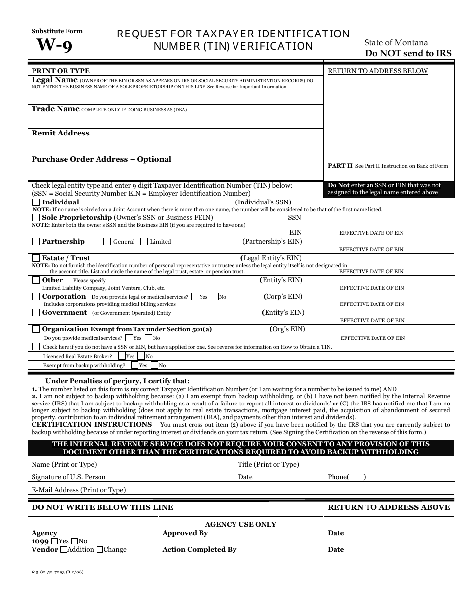 Form 615-82-50-7093 Substitute Form W-9 - Request for Taxpayer Identification Number (Tin) Verification - Montana, Page 1