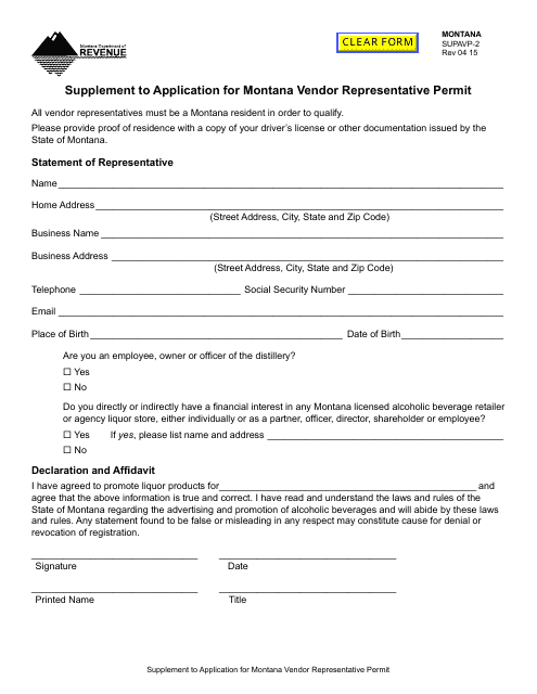 Form SUPAVP-2 Supplement to Application for Montana Vendor Representative Permit - Montana