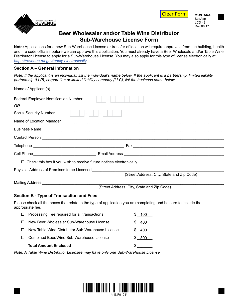 Form SUBAPP Beer Wholesaler and / or Table Wine Distributor Sub-warehouse License Form - Montana, Page 1