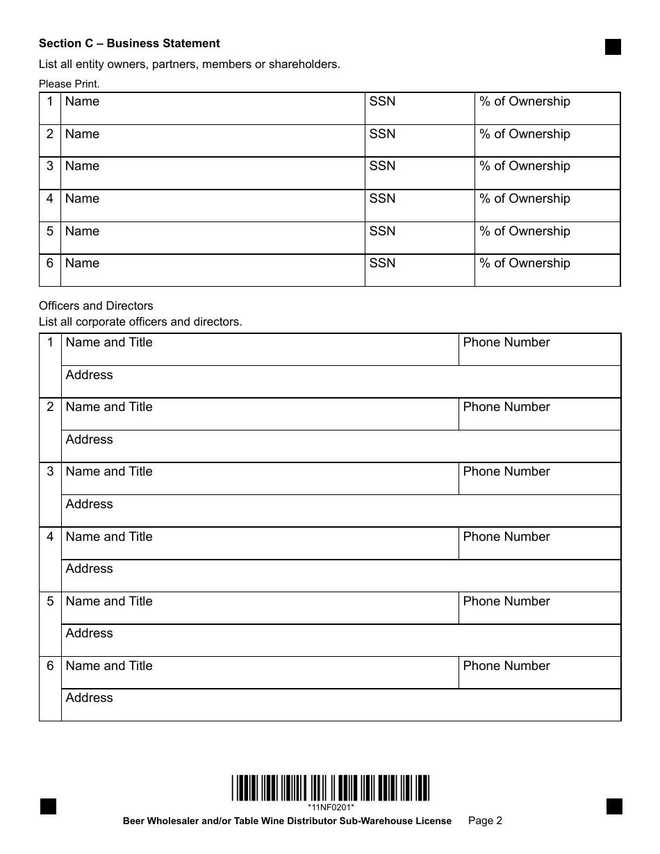 Form SUBAPP Beer Wholesaler and / or Table Wine Distributor Sub-warehouse License Form - Montana, Page 2