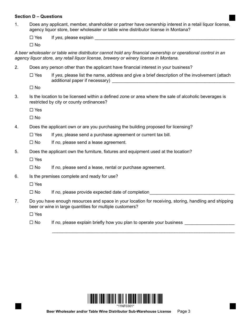 Form SUBAPP Beer Wholesaler and / or Table Wine Distributor Sub-warehouse License Form - Montana, Page 3