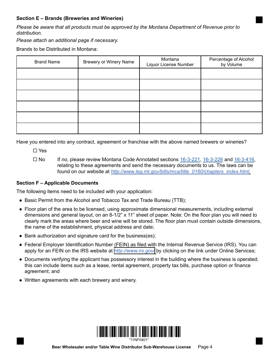 Form SUBAPP Beer Wholesaler and / or Table Wine Distributor Sub-warehouse License Form - Montana, Page 4