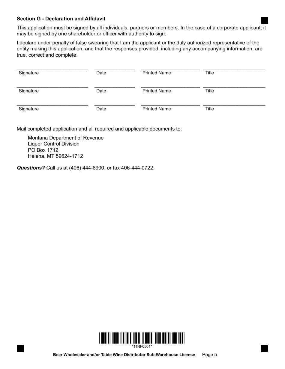 Form SUBAPP Beer Wholesaler and / or Table Wine Distributor Sub-warehouse License Form - Montana, Page 5