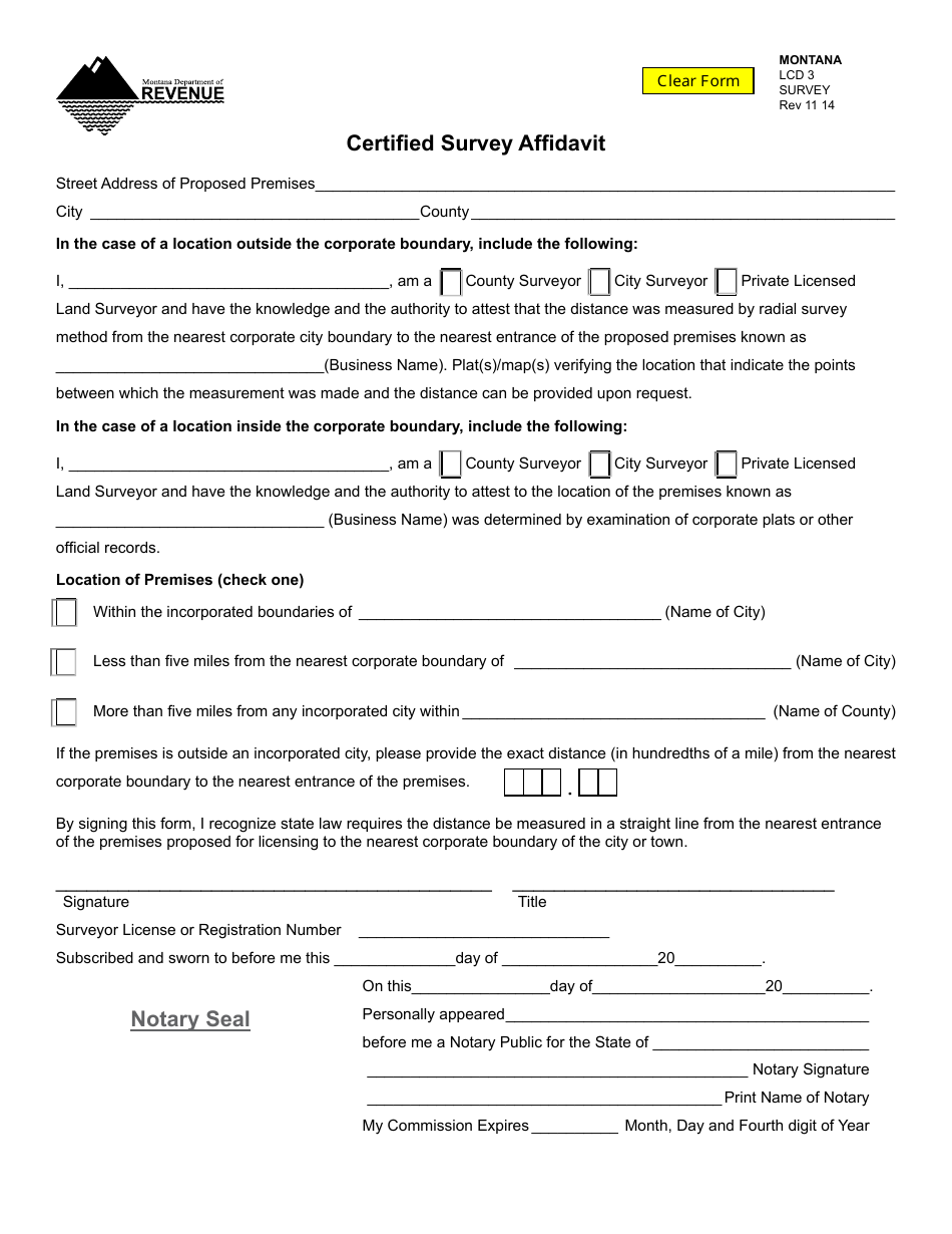 Form SURVEY Certified Survey Affidavit - Montana, Page 1