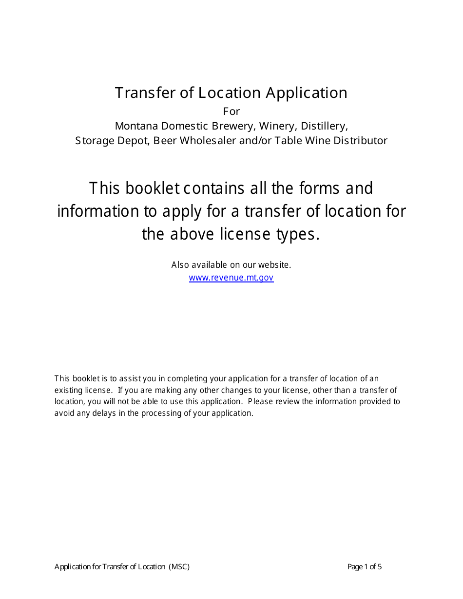 Form TRL / MSC Transfer of Location Application for Montana Domestic Brewery, Winery, Distillery, Storage Depot, Beer Wholesaler and / or Table Wine Distributor - Montana, Page 1