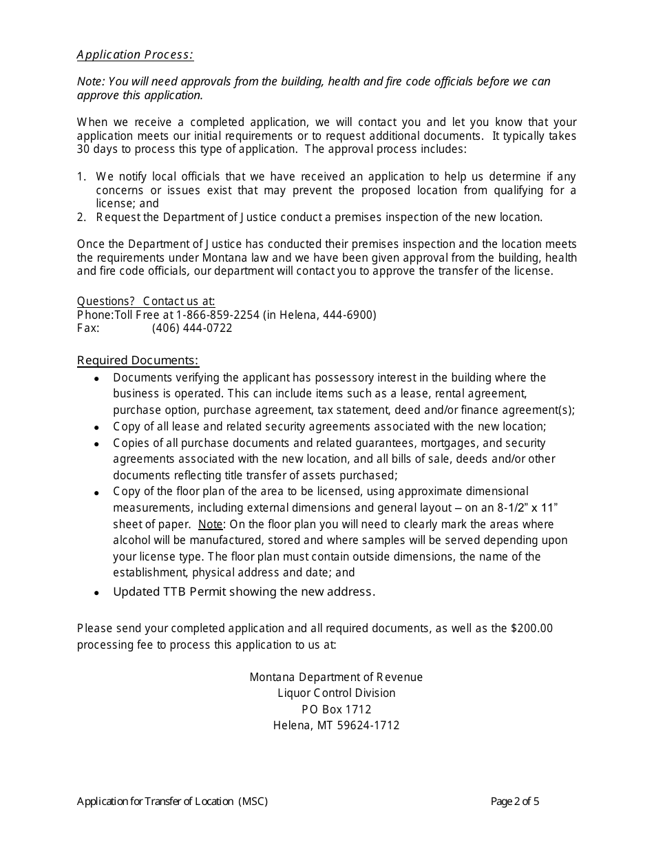 Form TRL / MSC Transfer of Location Application for Montana Domestic Brewery, Winery, Distillery, Storage Depot, Beer Wholesaler and / or Table Wine Distributor - Montana, Page 2