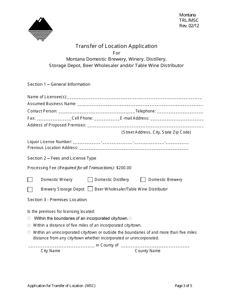 Form TRL / MSC Transfer of Location Application for Montana Domestic Brewery, Winery, Distillery, Storage Depot, Beer Wholesaler and / or Table Wine Distributor - Montana, Page 3