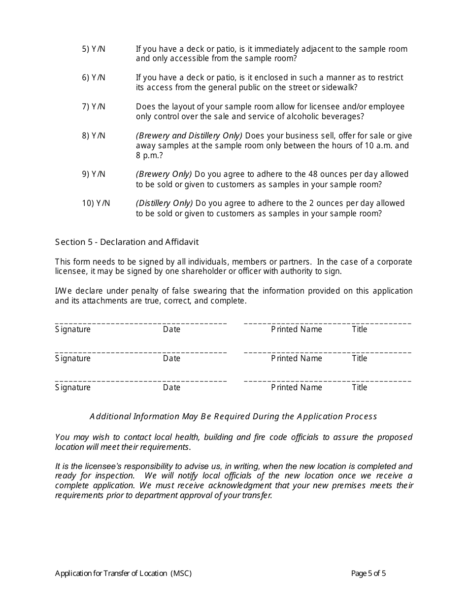 Form TRL / MSC Transfer of Location Application for Montana Domestic Brewery, Winery, Distillery, Storage Depot, Beer Wholesaler and / or Table Wine Distributor - Montana, Page 5