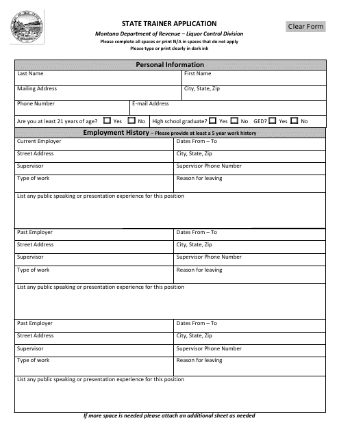 State Trainer Application Form - Montana Download Pdf
