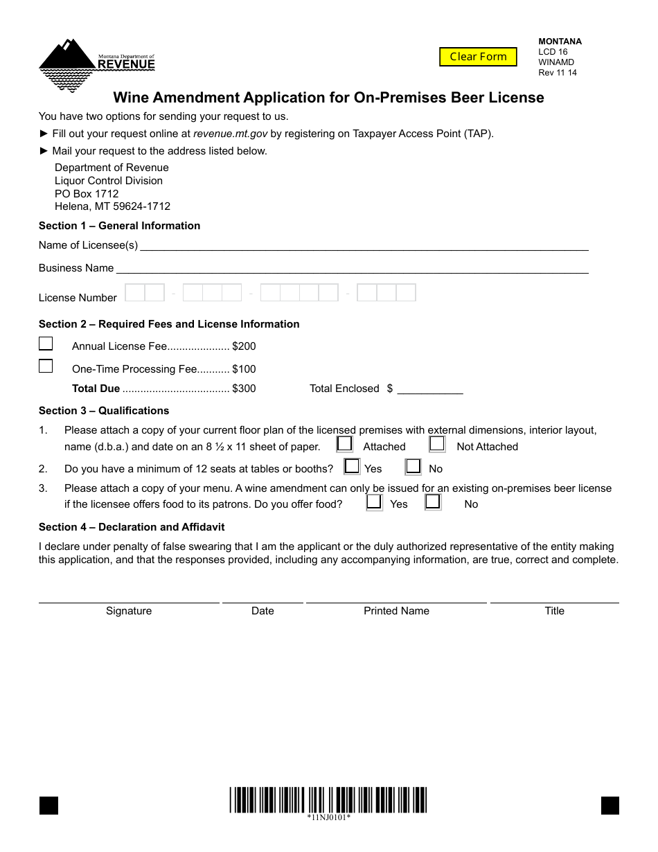 Form WINAMD Wine Amendment Application for on-Premises Beer License - Montana, Page 1