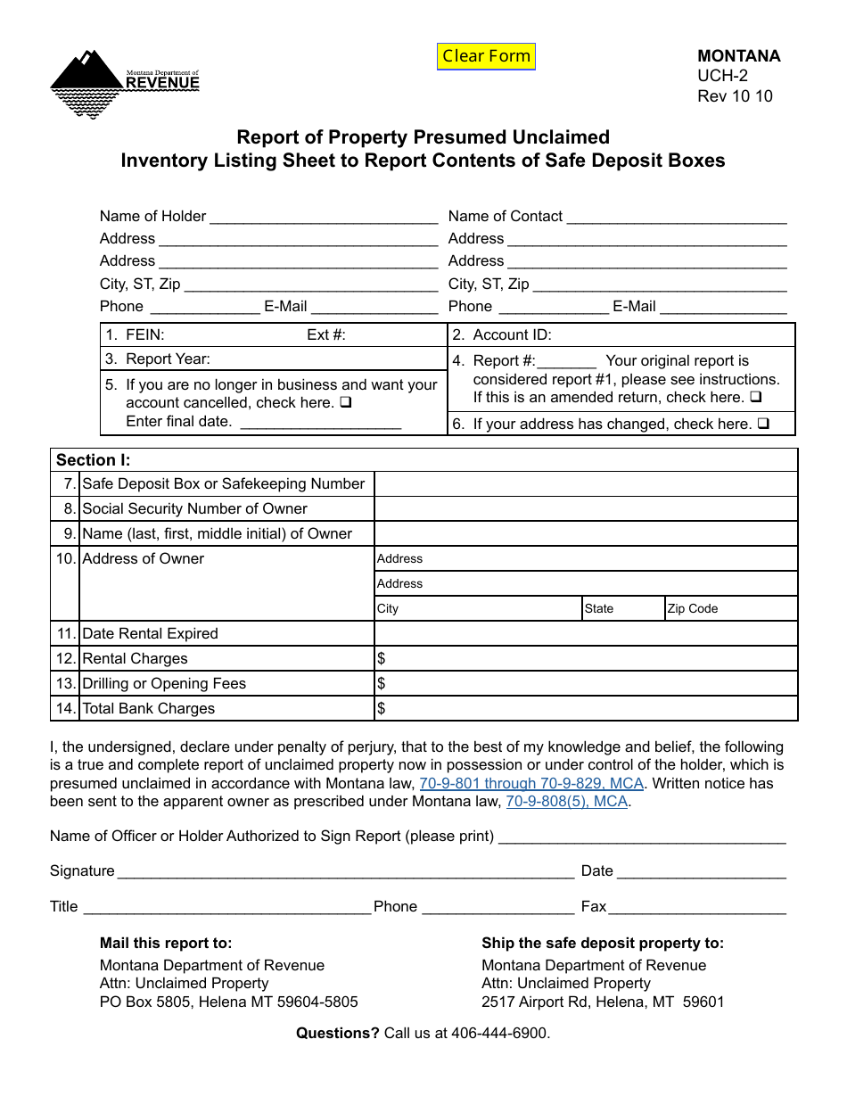 Form UCH-2 Report of Property Presumed Unclaimed Inventory Listing Sheet to Report Contents of Safe Deposit Boxes - Montana, Page 1