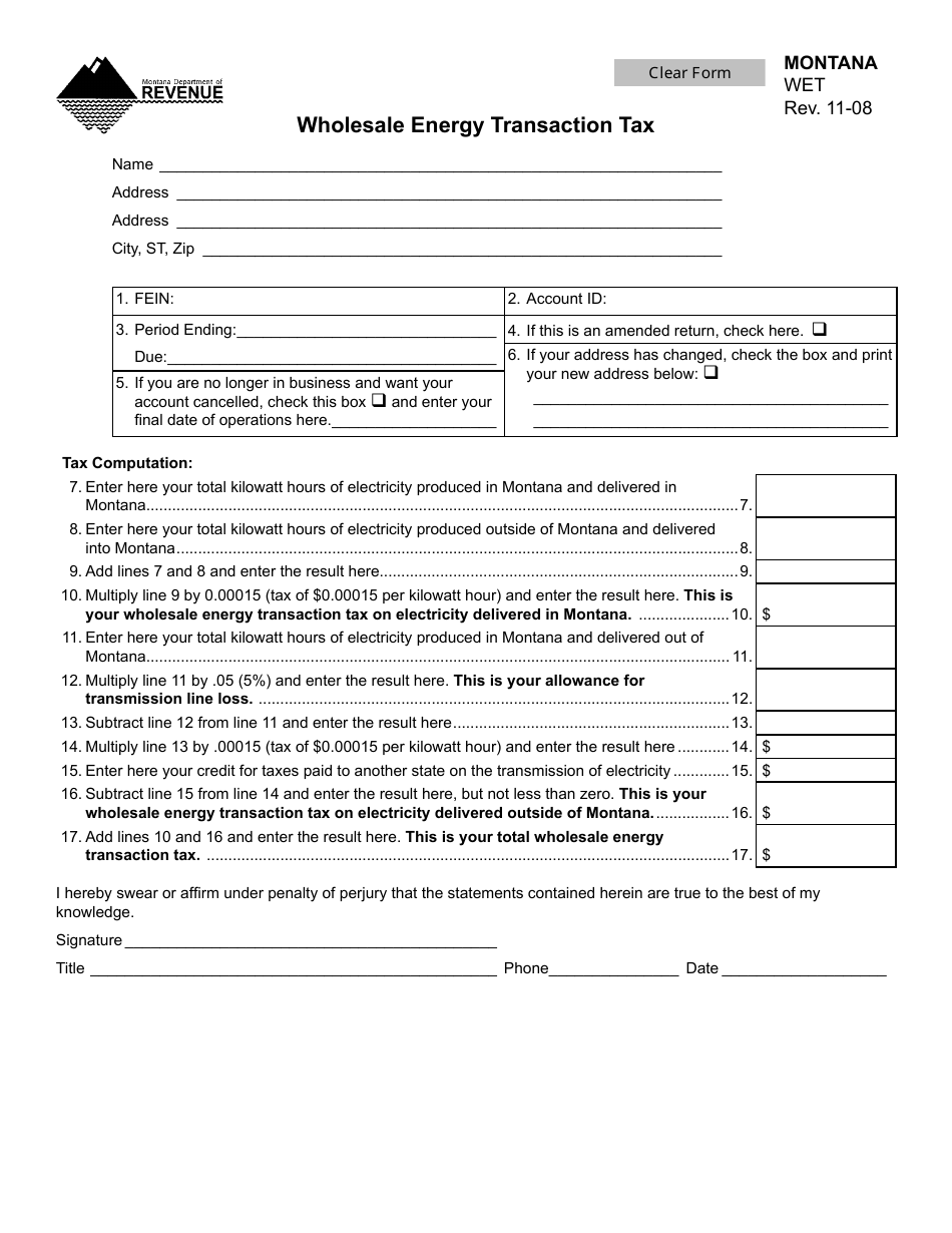 Form WET Wholesale Energy Transaction Tax - Montana, Page 1