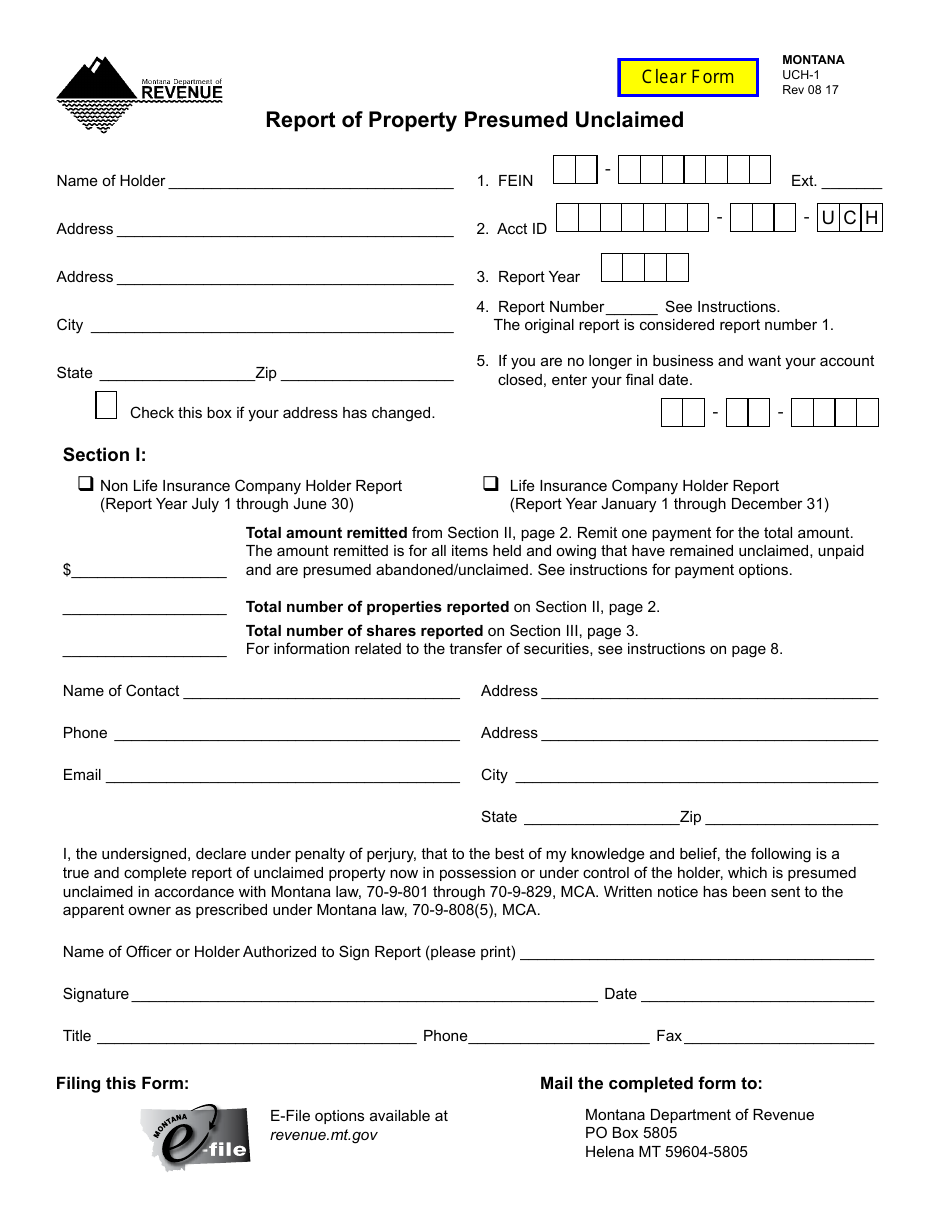 Form UCH-1 Report of Property Presumed Unclaimed - Montana, Page 1