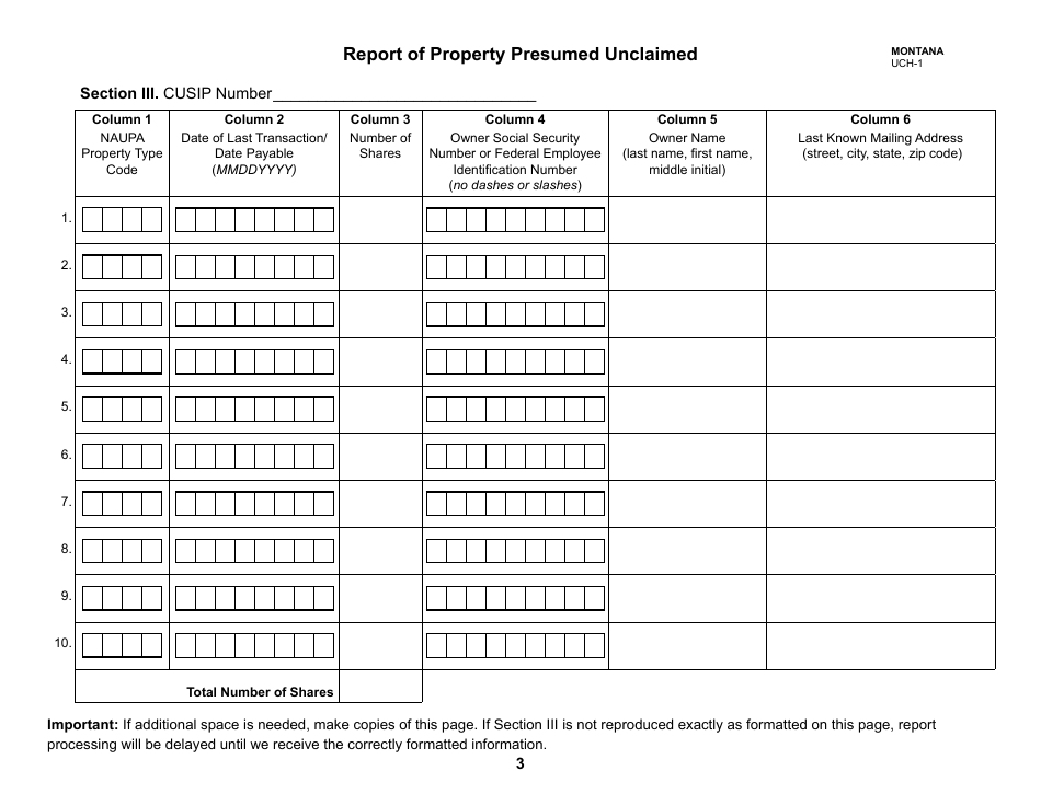 Form UCH-1 Report of Property Presumed Unclaimed - Montana, Page 3