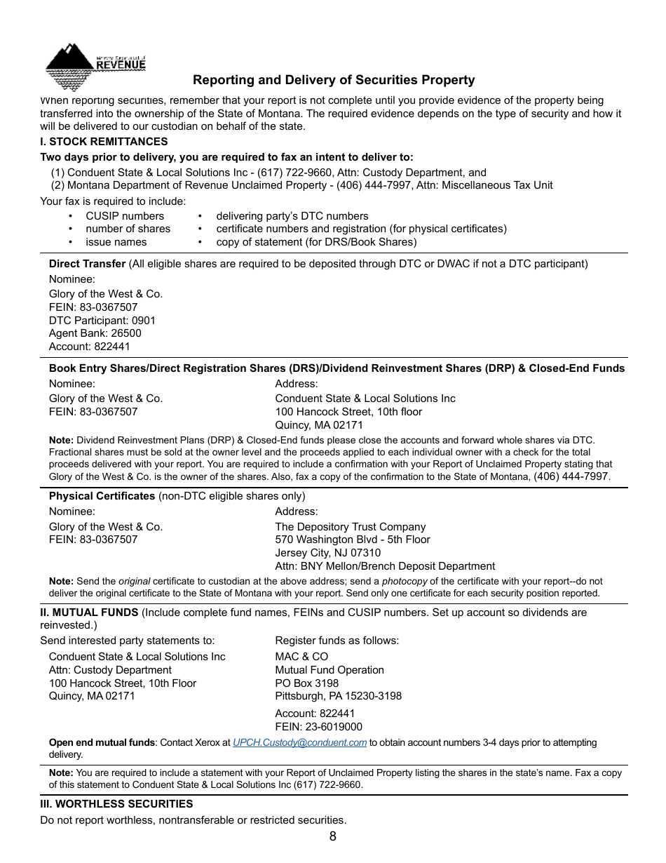 Form UCH-1 Report of Property Presumed Unclaimed - Montana, Page 8