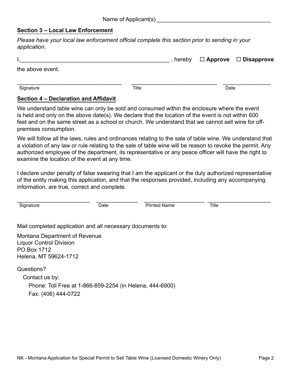 Form WINSPEC Montana Application for Special Permit to Sell Table Wine (Licensed Domestic Winery Only) - Montana, Page 2