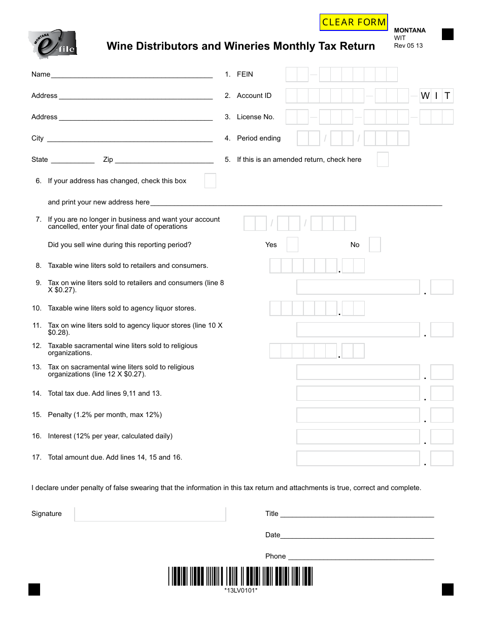 Form WIT Wine Distributors and Wineries Monthly Tax Return - Montana, Page 2