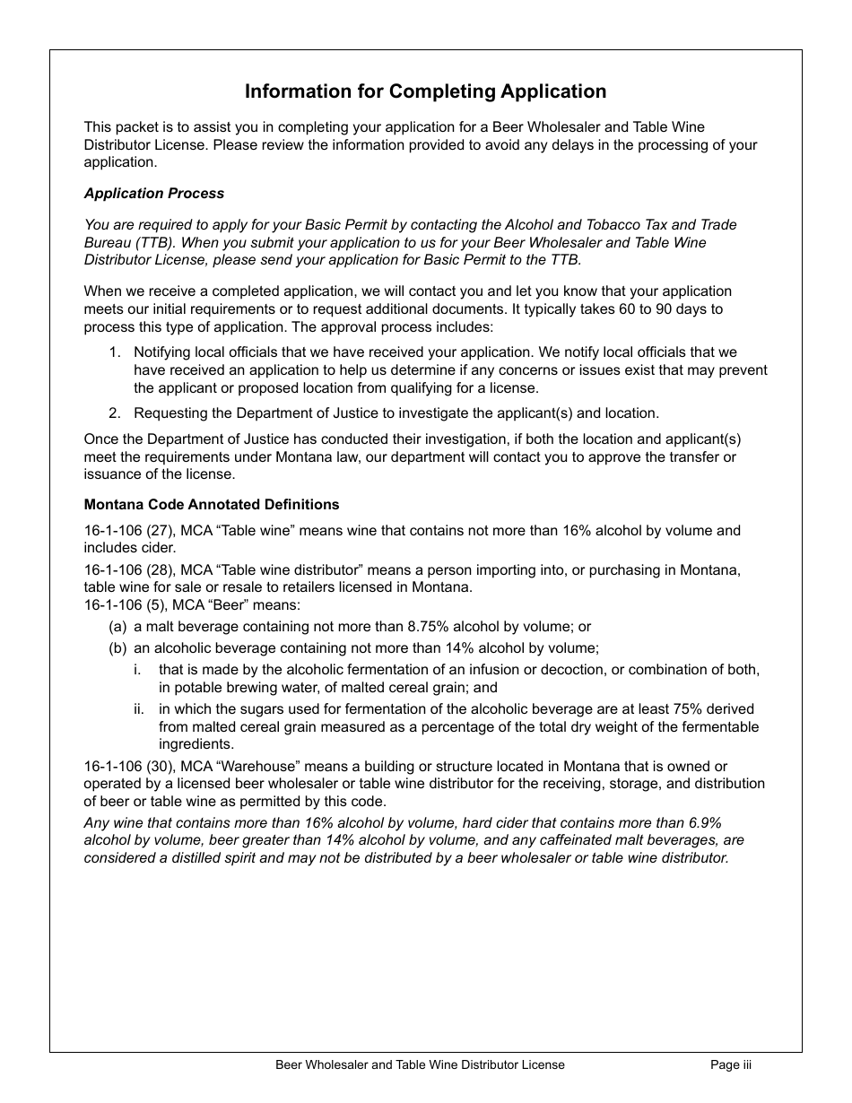 Form WHOLAPP Beer Wholesaler and Table Wine Distributor License - Montana, Page 3