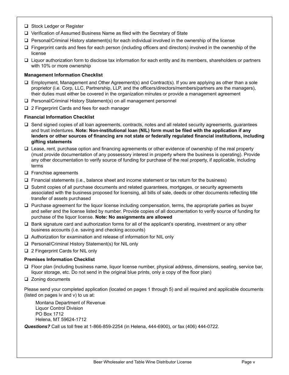 Form WHOLAPP Beer Wholesaler and Table Wine Distributor License - Montana, Page 5