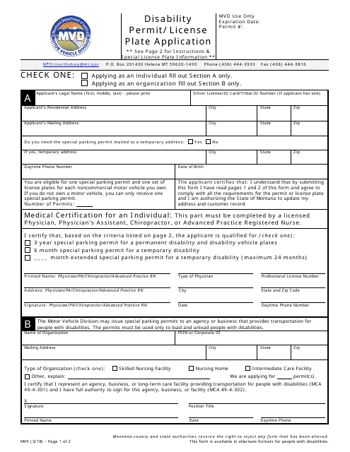 Form MV5 Disability Permit/License Plate Application - Montana