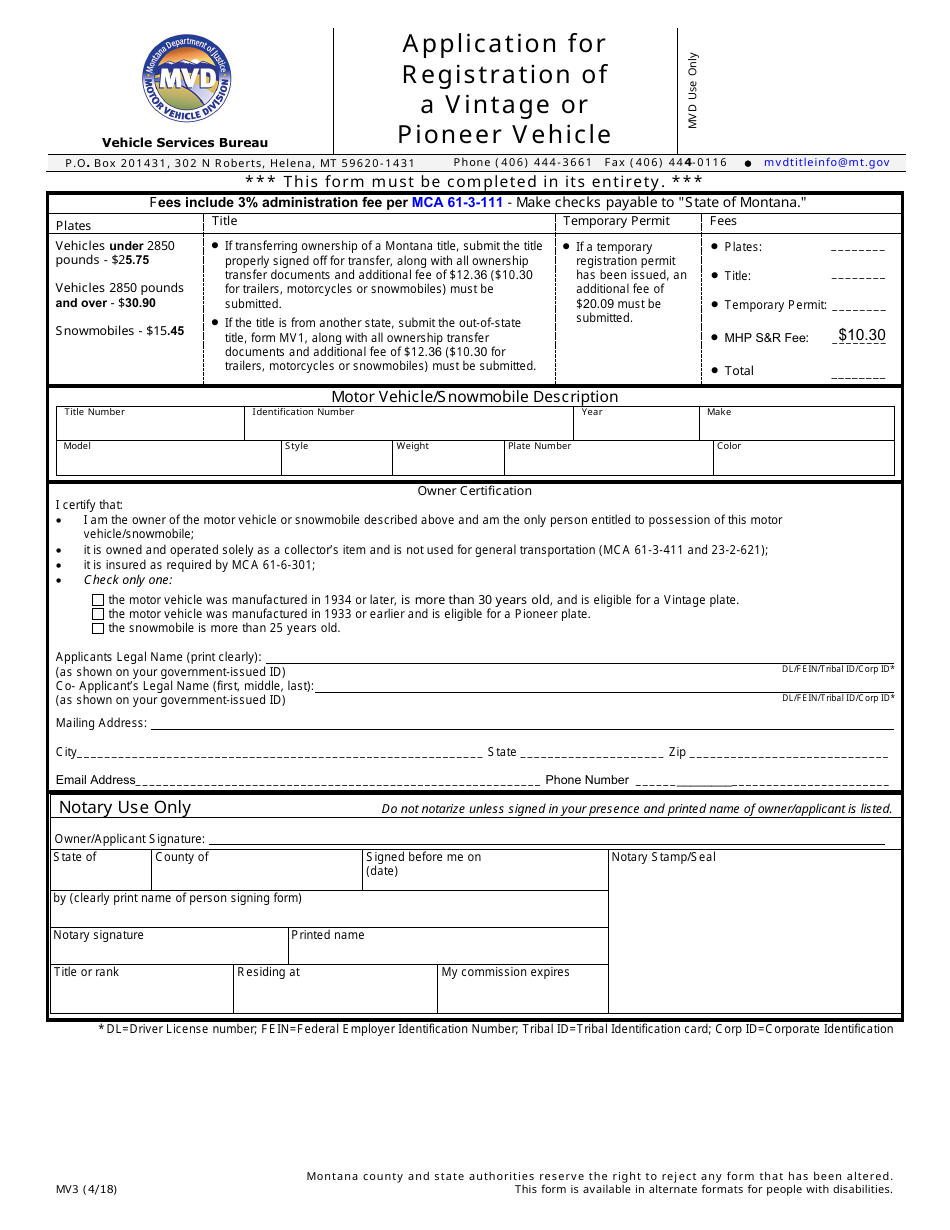 Form MV3 Application for Registration of a Vintage or Pioneer Vehicle - Montana, Page 1