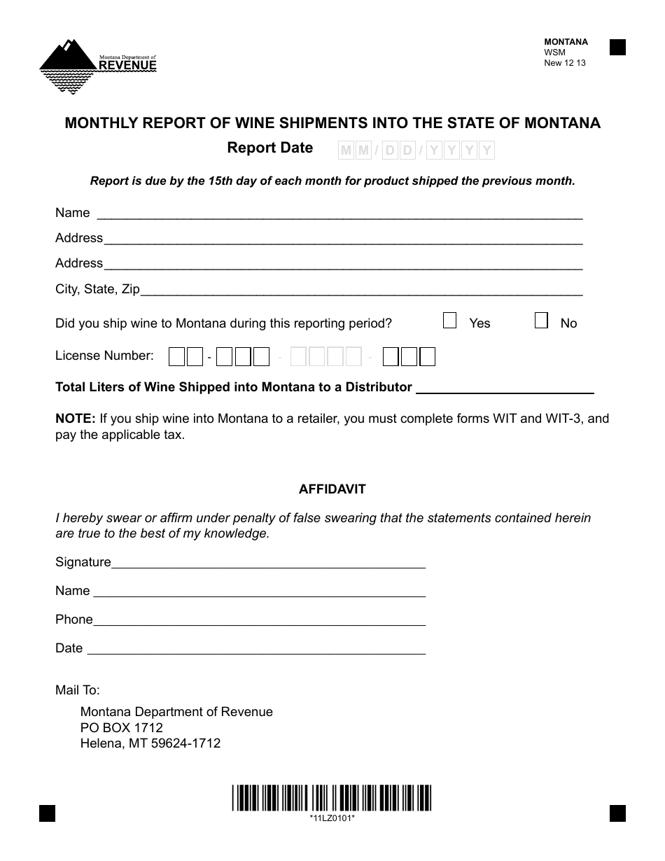 Form WSM Monthly Report of Wine Shipments Into the State of Montana - Montana, Page 1