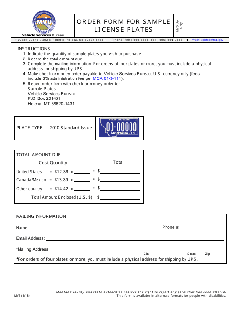 Form MV6 Order Form for Sample License Plates - Montana