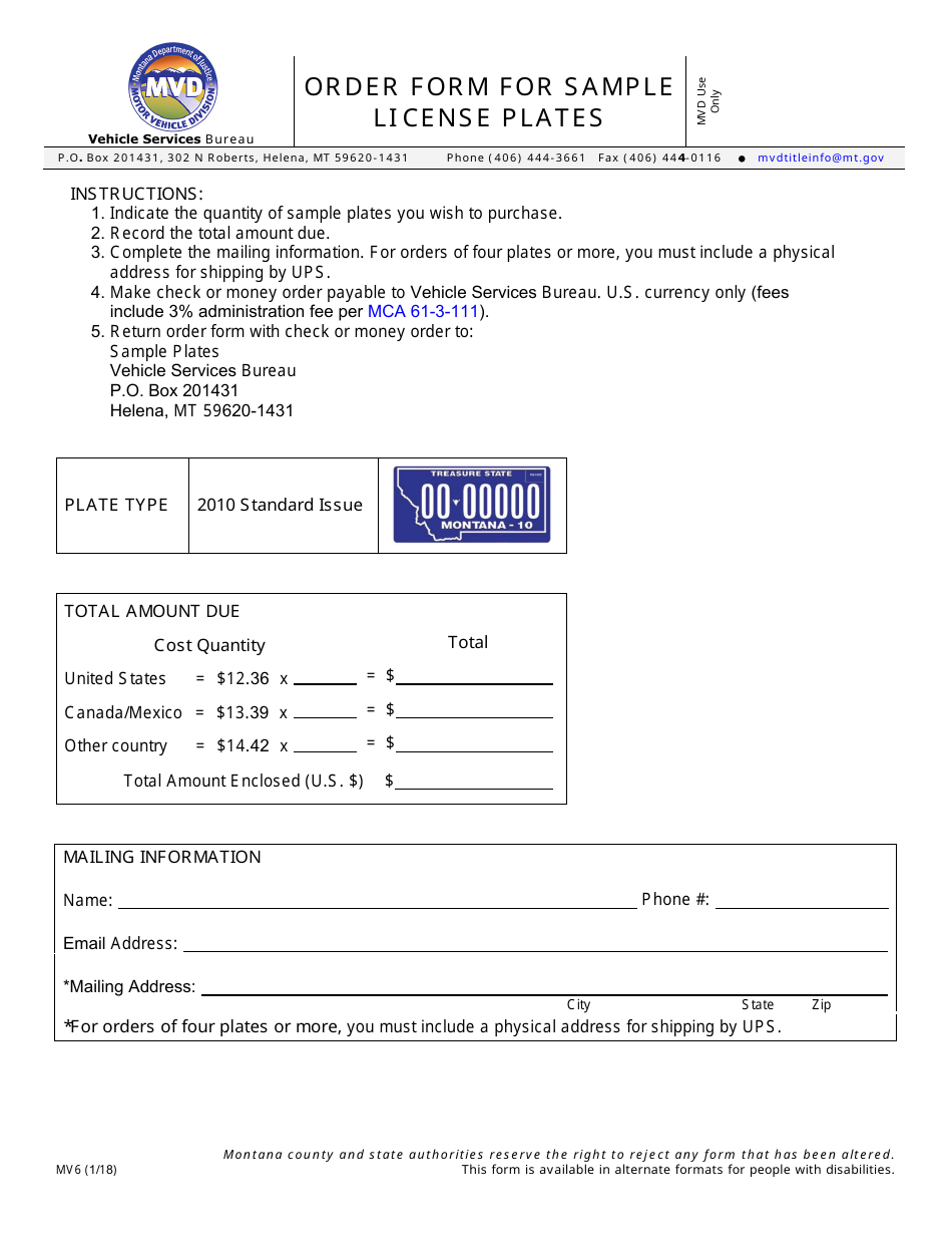 Form MV6 Order Form for Sample License Plates - Montana, Page 1
