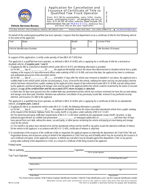Form MV7A Application for Cancellation and Issuance of Certificate of Title to Qualified Tow Truck Operator - Montana