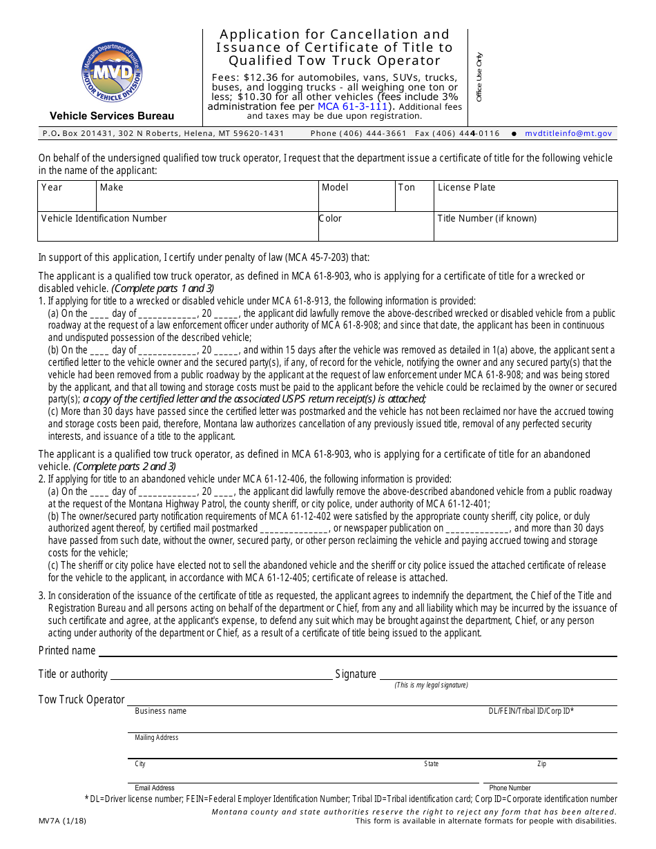 Form MV7A Application for Cancellation and Issuance of Certificate of Title to Qualified Tow Truck Operator - Montana, Page 1