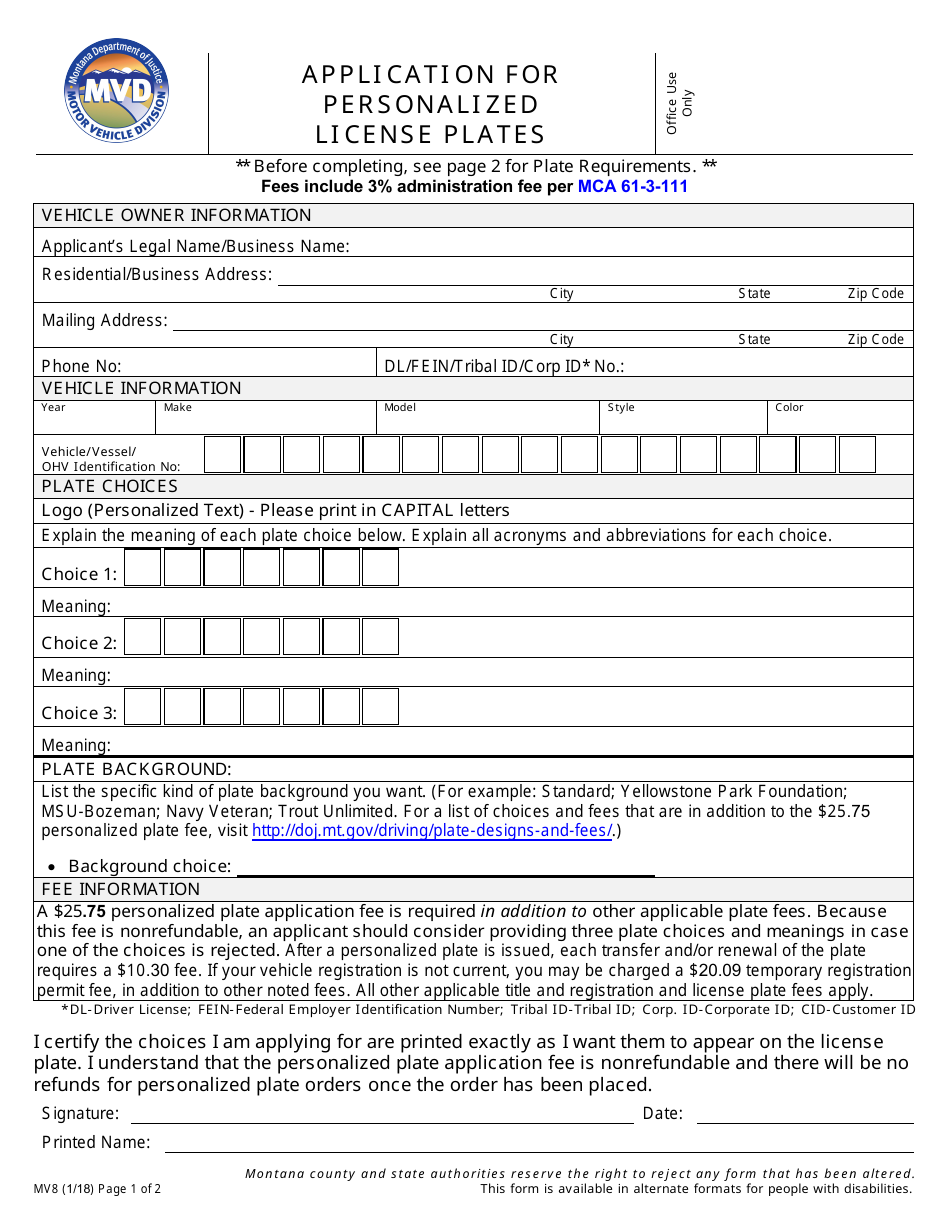 Form MV8 Fill Out, Sign Online and Download Fillable PDF, Montana