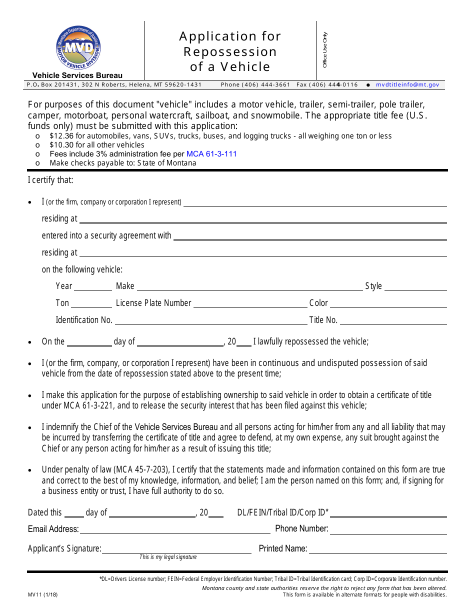 Form MV11 Application for Repossession of a Vehicle - Montana, Page 1