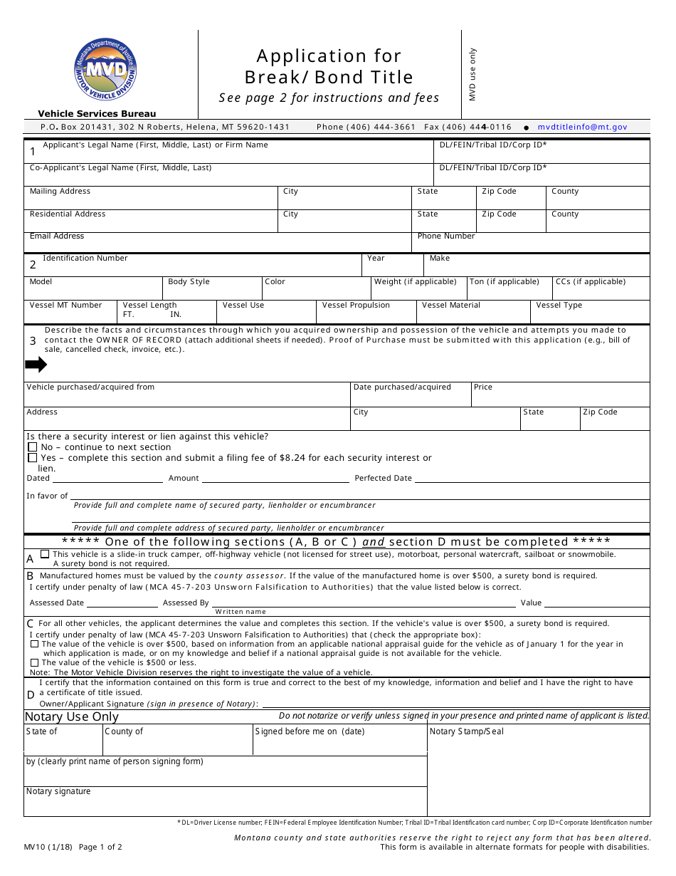 Form MV10 Fill Out, Sign Online and Download Fillable PDF, Montana