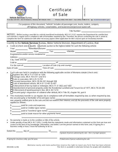 Form MV24AB Certificate of Sale - Montana