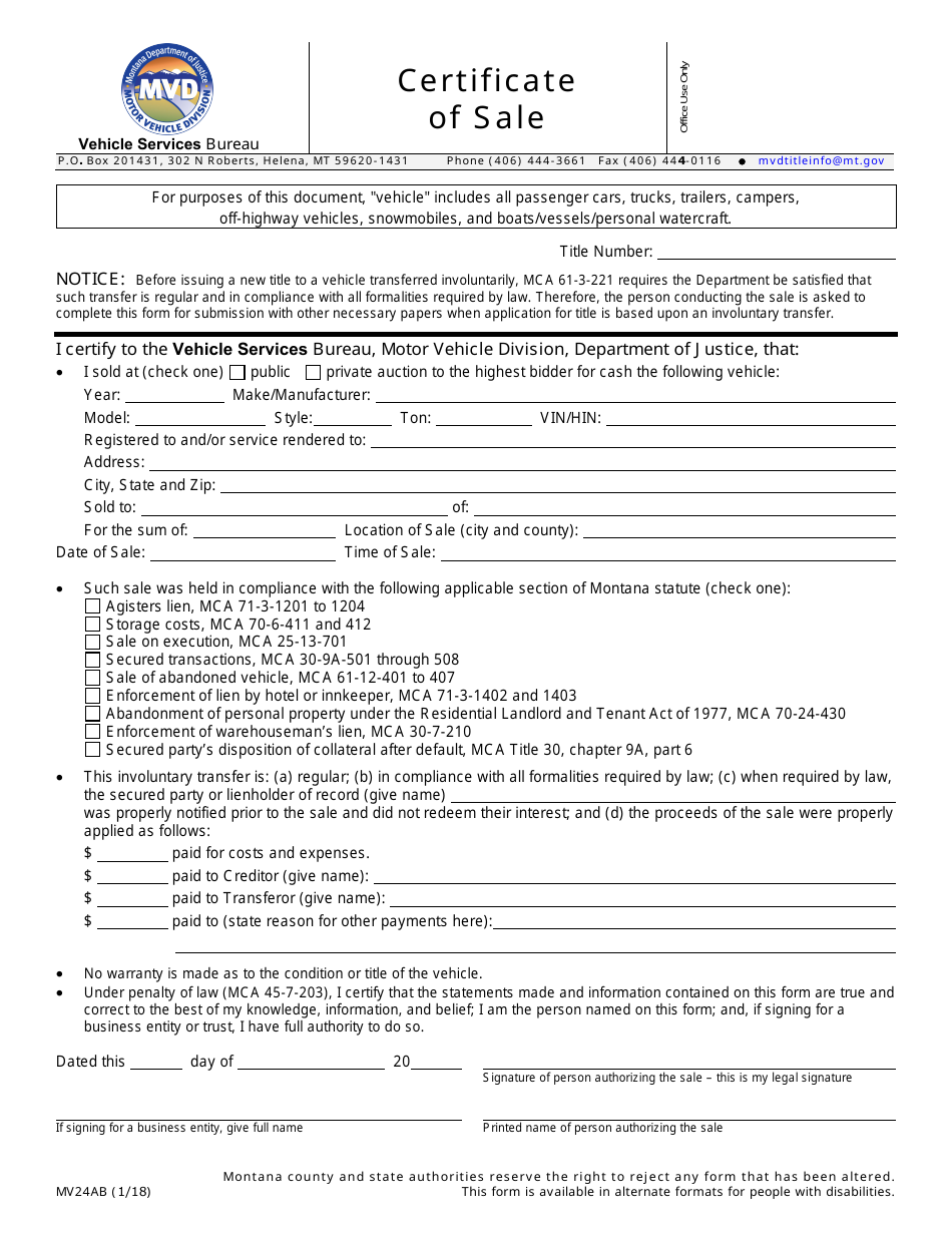 Form MV24AB Certificate of Sale - Montana, Page 1