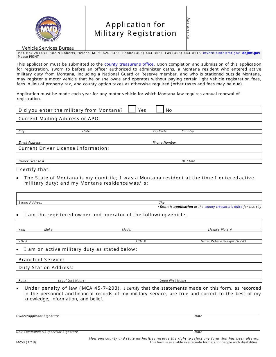 Form MV53 Application for Military Registration - Montana, Page 1