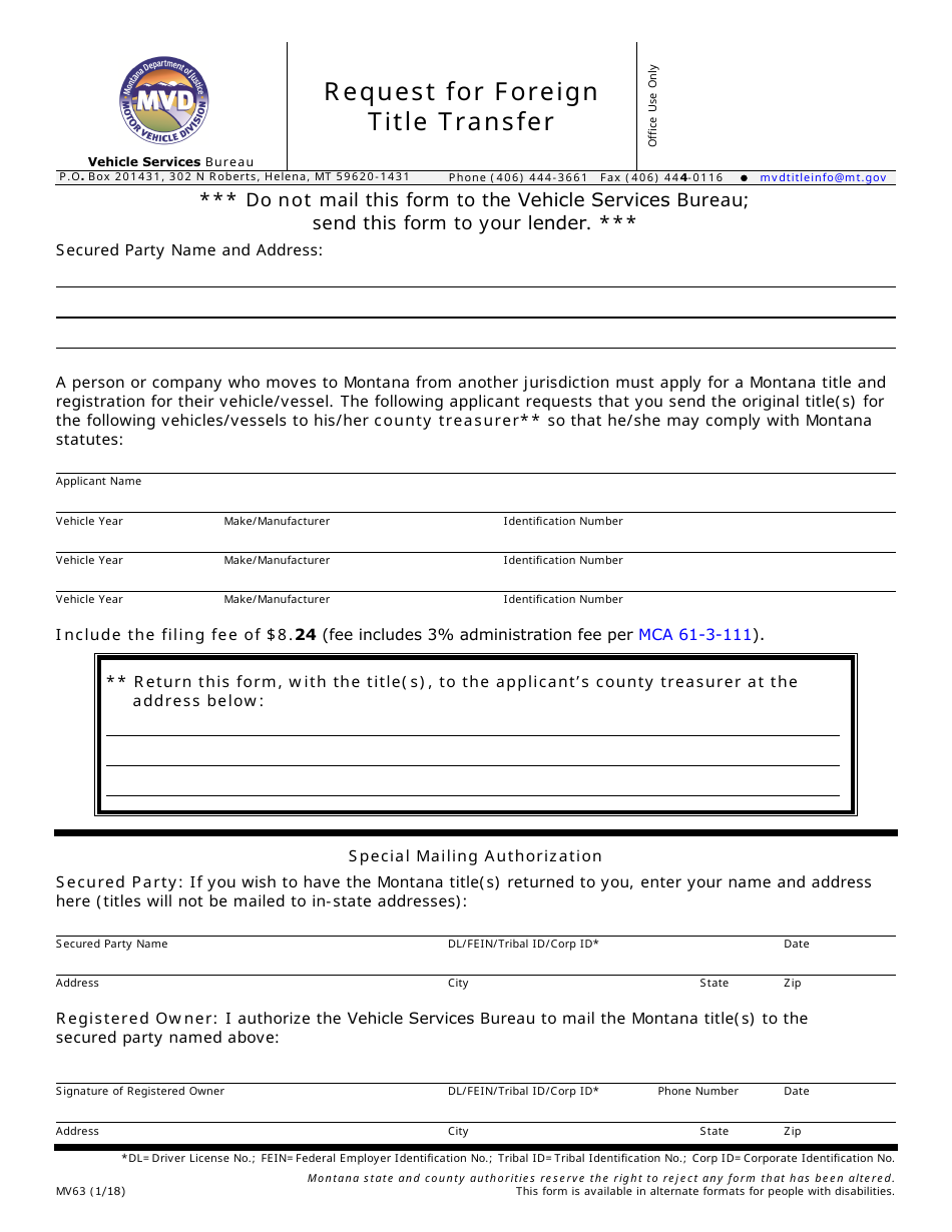 Form MV63 Request for Foreign Title Transfer - Montana, Page 1
