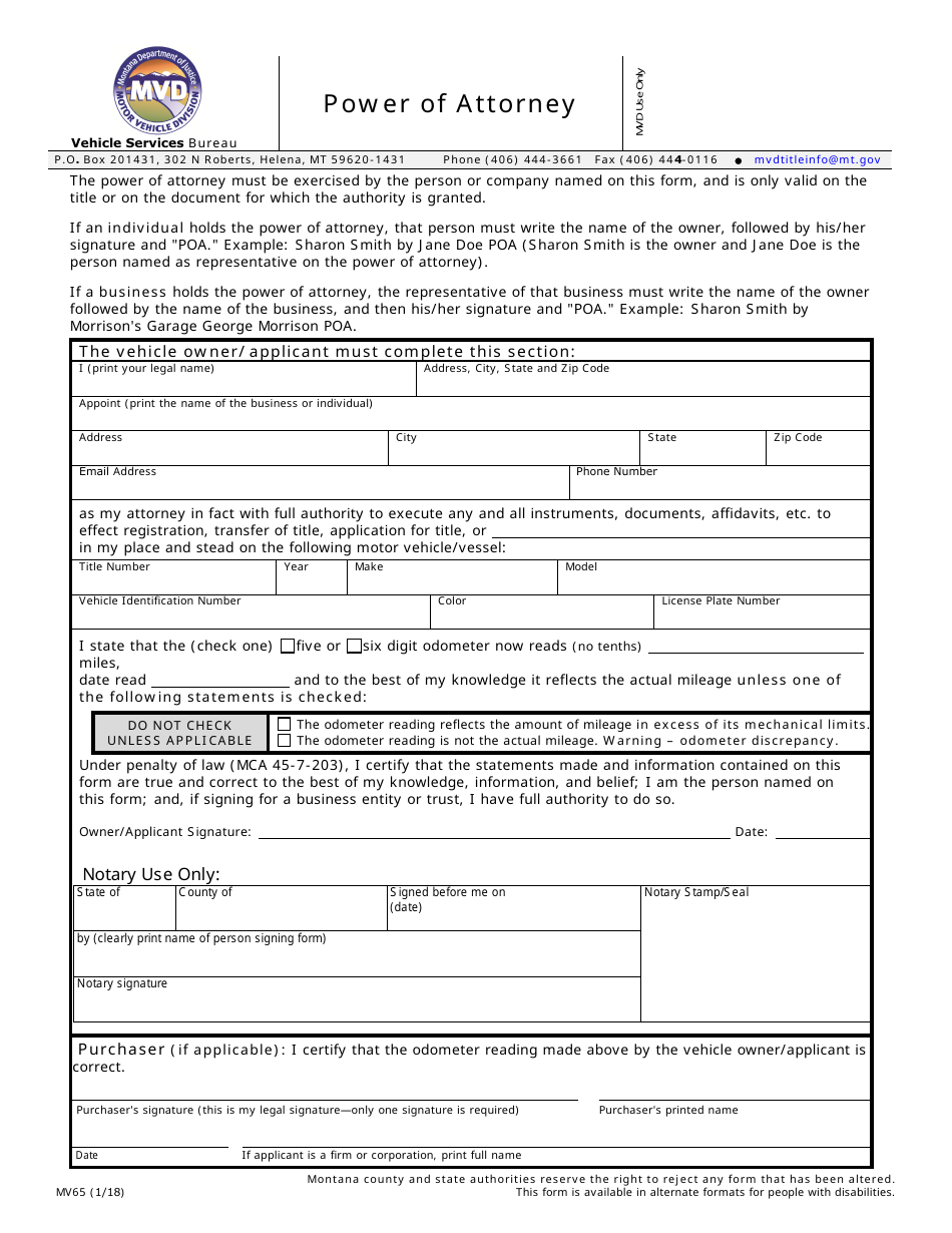 Form MV65 Power of Attorney - Montana, Page 1