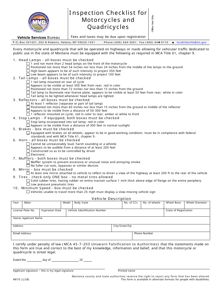 Form MV70 Inspection Checklist for Motorcycles and Quadricycles - Montana, Page 1