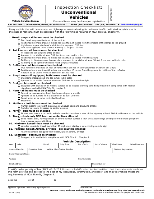Form MV70A Inspection Checklist: Unconventional Vehicles - Montana