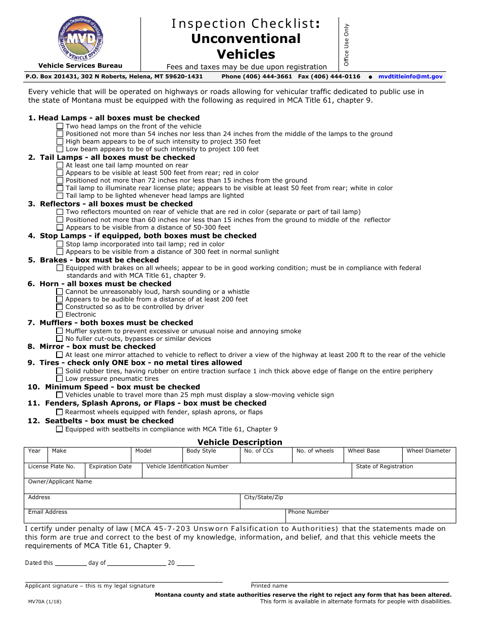 Form MV70A Inspection Checklist: Unconventional Vehicles - Montana, Page 1