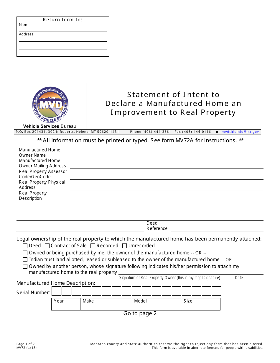 Form MV72 Statement of Intent to Declare a Manufactured Home an Improvement to Real Property - Montana, Page 1